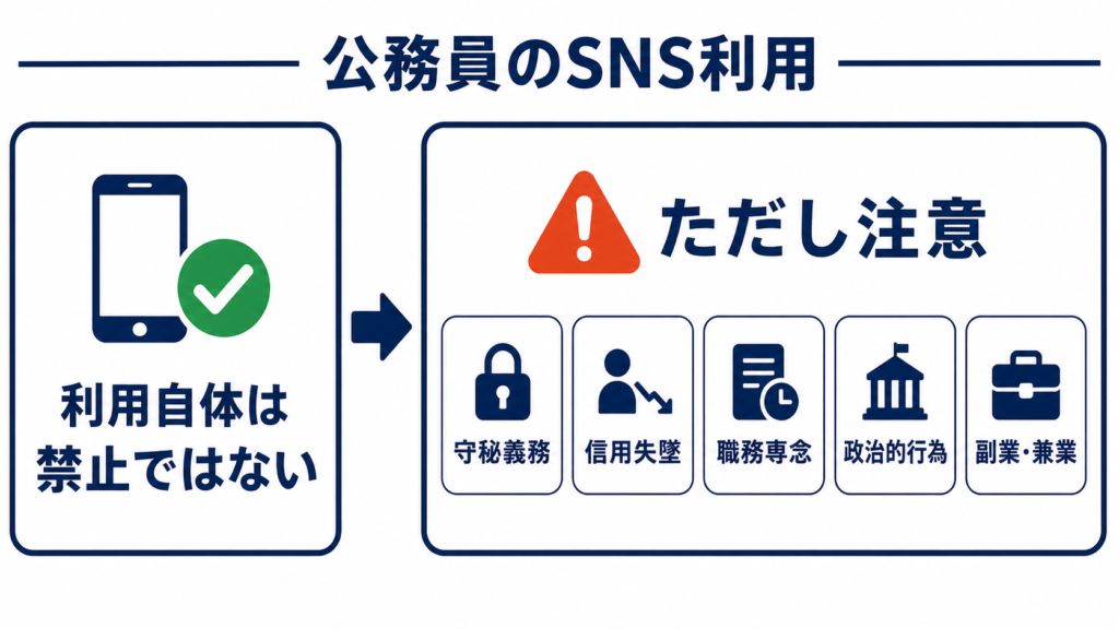 公務員のSNS利用は利用自体は禁止ではないが守秘義務や信用失墜行為などに注意が必要であることを示す図解