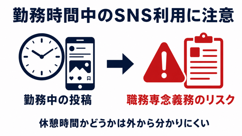 勤務時間中のSNS利用は職務専念義務のリスクにつながることを示す図解