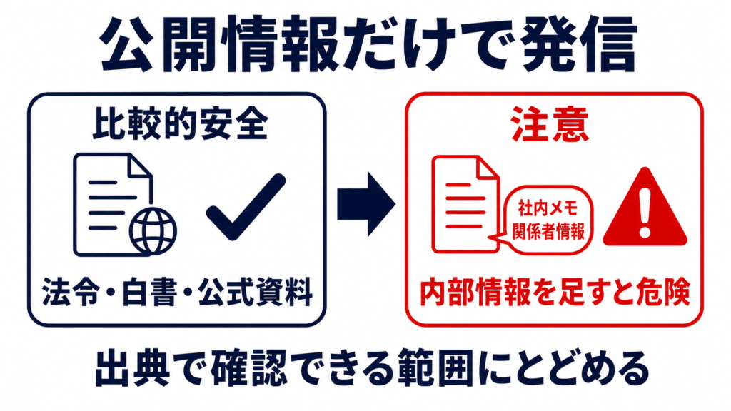 公開情報にもとづく発信は比較的安全だが内部情報を加えると危険であることを示す図解