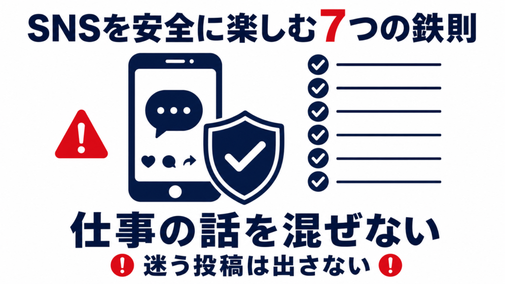 公務員がSNSを安全に楽しむためには仕事の話を混ぜず迷う投稿は出さないことを示す図解