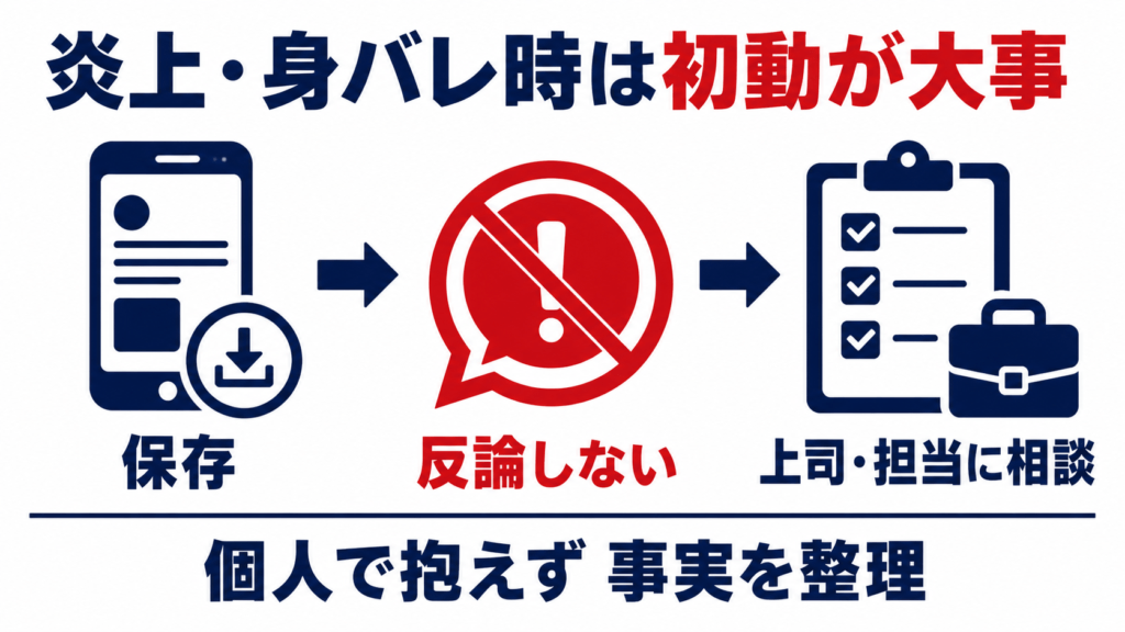 SNSで炎上や身バレしたときは保存、反論しない、上司や担当に相談することを示す図解