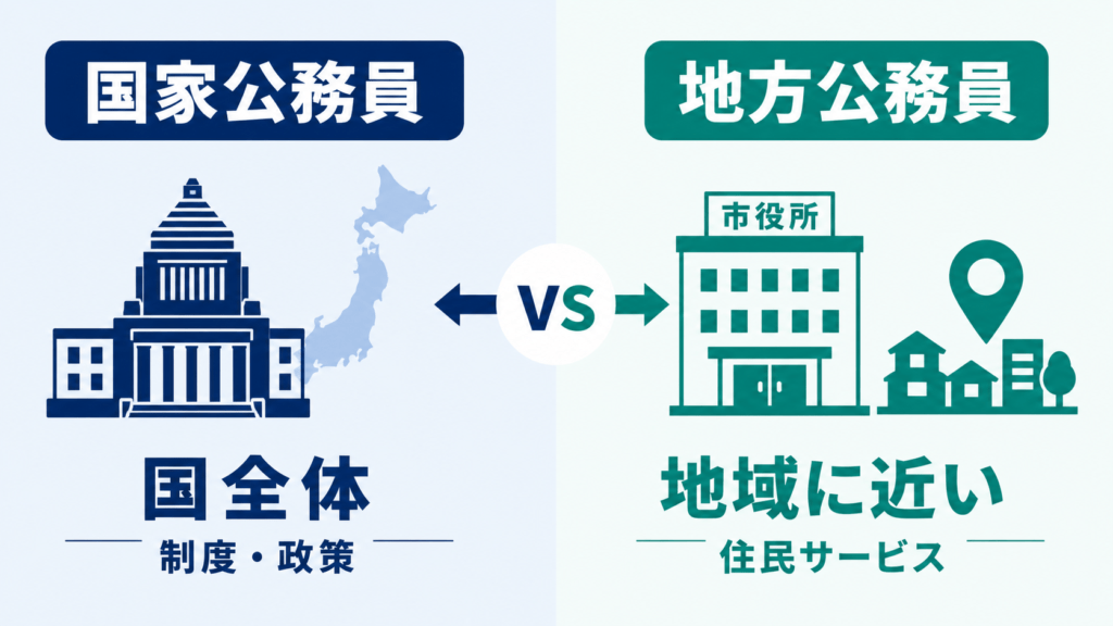 国家公務員と地方公務員の違いを仕事の対象や勤務地、異動範囲で比較した図解