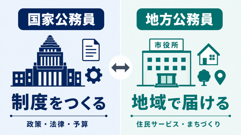 国家公務員は国全体の制度に関わり地方公務員は地域に近い行政を担うことを示す図解
