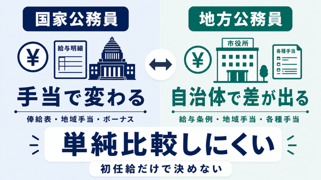 国家公務員と地方公務員の給与は初任給や地域手当、賞与、異動範囲を含めて見る必要があることを示す図解