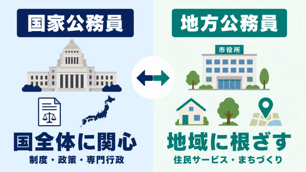 国家公務員が向いている人と地方公務員が向いている人を関心や働き方で比較した図解