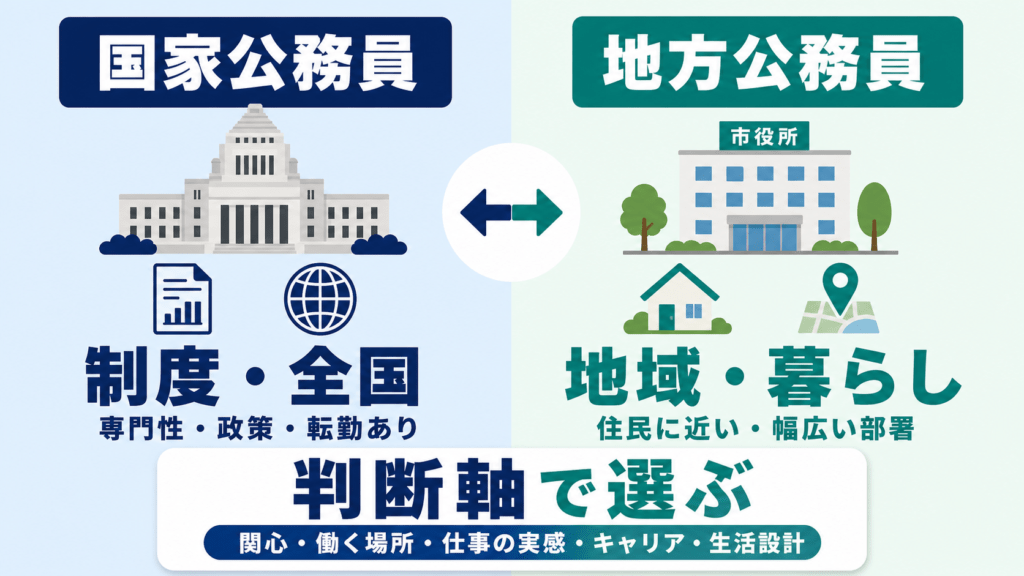 国家公務員と地方公務員で迷ったときの判断軸を関心や勤務地、生活設計で整理した図解