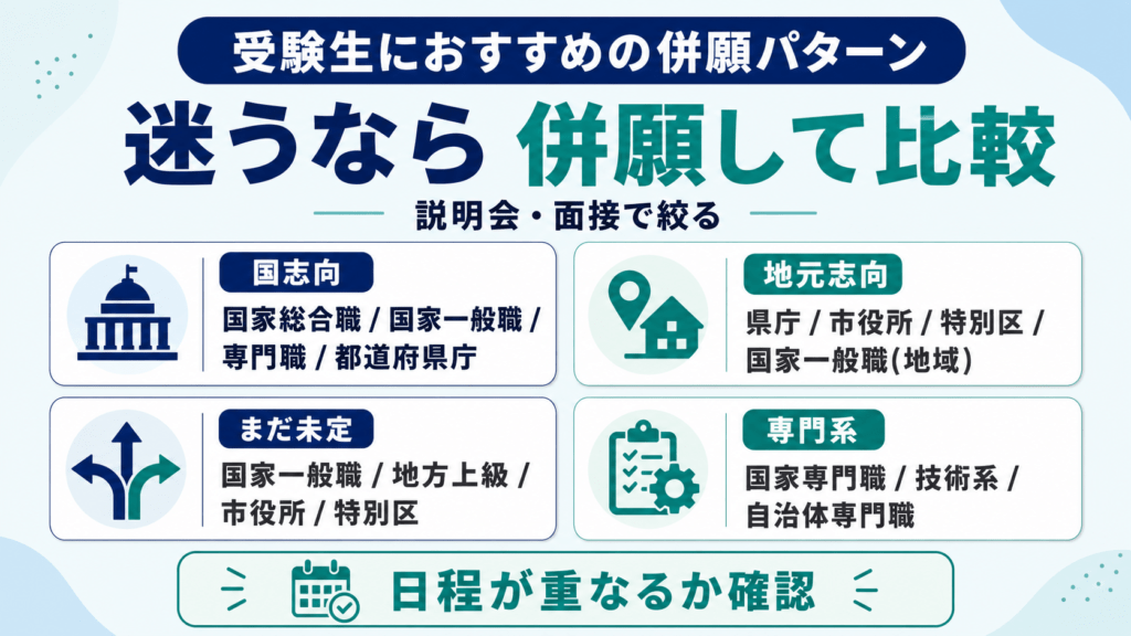 国家公務員と地方公務員の併願パターンを関心や地元志向ごとに整理した図解