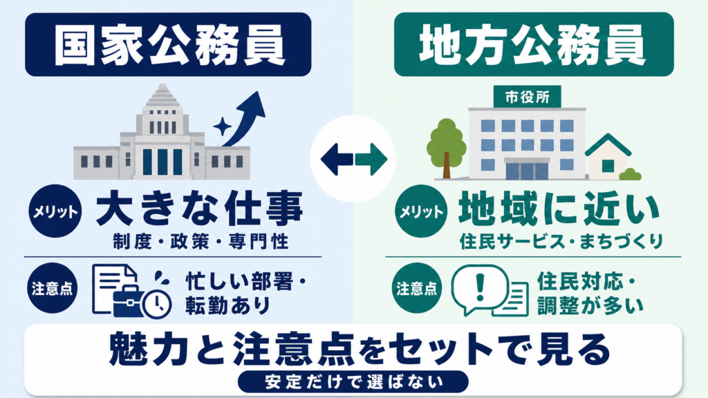 国家公務員と地方公務員のメリットと注意点を比較した図解